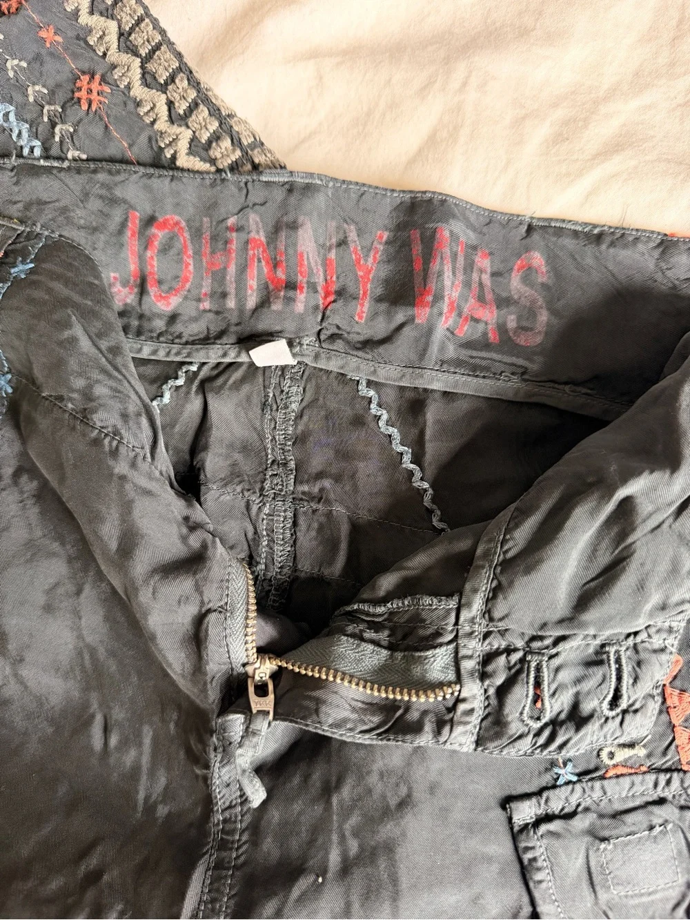 Johnny Was Black Cargo Pants with Multicolor Embroidered Stripes - Picture 2 of 10